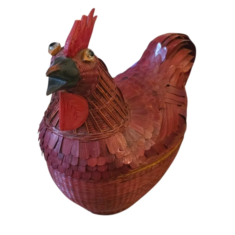 Handcrafted Red Rooster Basket Vintage Two Part Farmhouse Primitive Rustic 3D